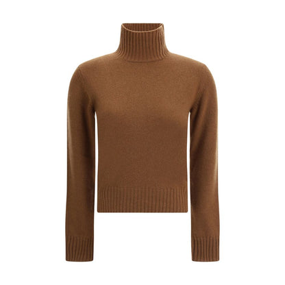 Ami Paris Brown Cashmere Cashmere Sweater with turtleneck design and ribbed trim, featuring iconic Ami De Coeur logo for winter elegance.