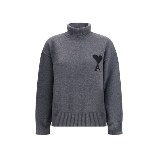 Ami Paris Gray Fleece Wool Turtleneck featuring jacquard logo and ribbed design