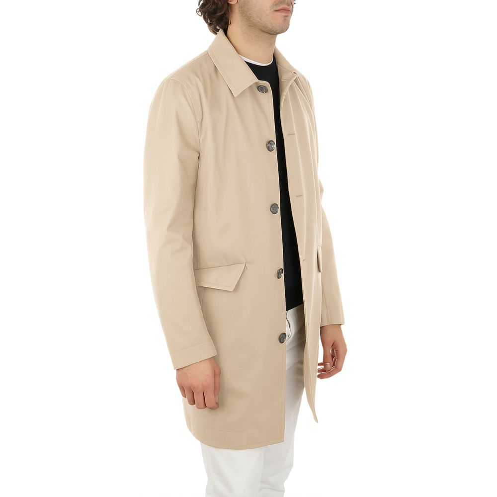 Aquascutum Beige Cotton Men Jacket with button fastening and side flap pockets, showcasing luxurious craftsmanship and style.