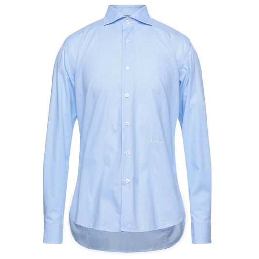 Aquascutum Light Blue Cotton Men Shirt with embroidered logo, regular fit, perfect for casual and formal wear, British elegance style.