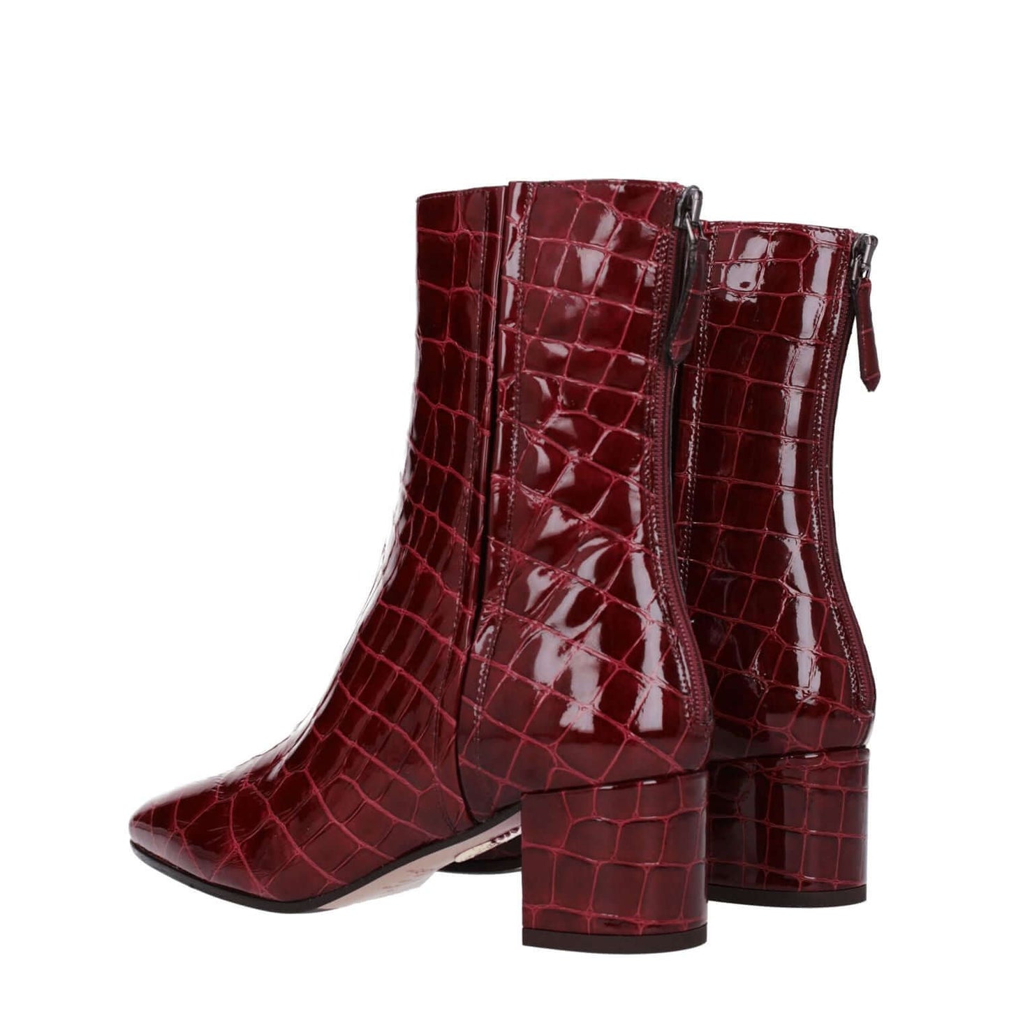 Aquazzura Red Leather Ankle Boots with crocodile print, zip closure, mid heels, and square toe. Casual style, secondary aubergine color.