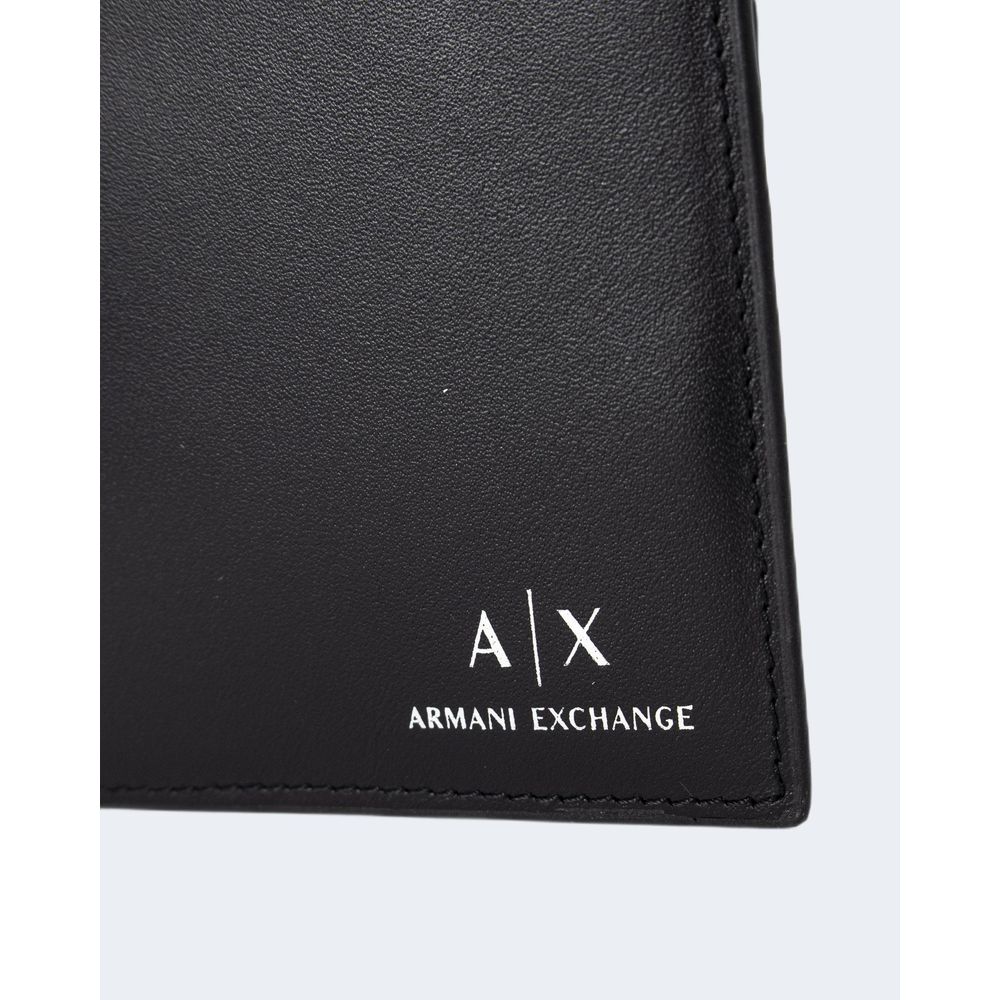 Armani Exchange Black Leather Wallet with logo, made of 100% bovine leather, featuring a coin pocket for stylish and practical use.