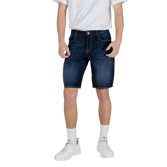 Alt Tag: Model wearing Armani Exchange Blue Cotton Bermuda shorts from Spring/Summer collection, made of 99% Cotton and 1% Elastane/lycra.