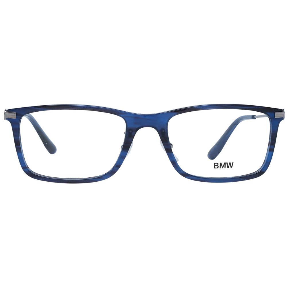 BMW Blue Men Optical Frames in blue metal and plastic, full-rim trapezium style with 56-20-145 size, includes branded case.