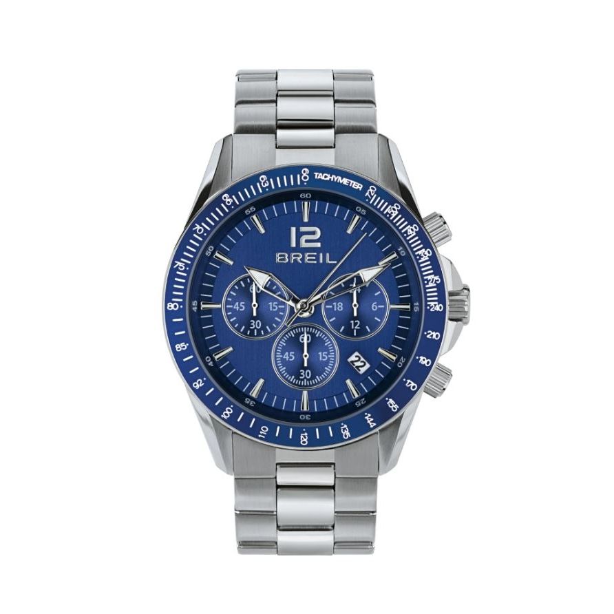 BREIL Mod. TW2058 quartz gent watch with blue dial and chronograph features, water resistant 10 ATM, silver stainless steel bracelet.