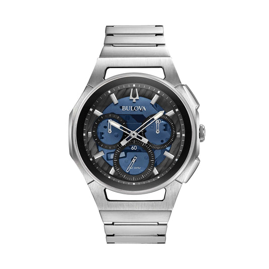 BULOVA Mod. CURV luxury watch with stainless steel bracelet and blue dial, showcasing modern design and precision craftsmanship.