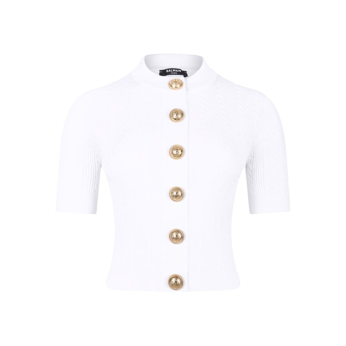 Balmain Ribbed buttoned top in white ribbed knit with short sleeves and front button fastening, perfect for casual or formal occasions.