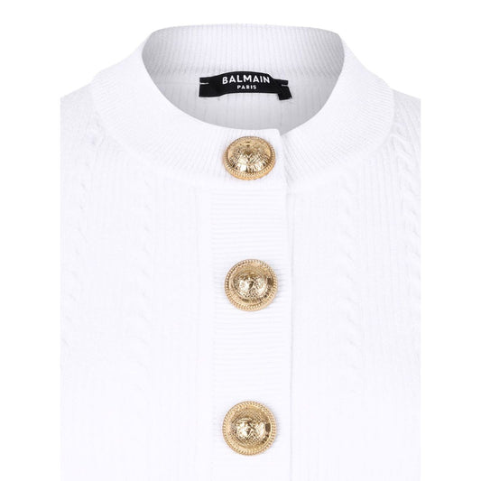 White Balmain Ribbed buttoned top with gold buttons and crewneck detail for a stylish look.