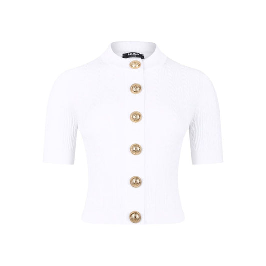 Balmain Ribbed buttoned top in white ribbed knit with short sleeves and front button fastening, perfect for casual or formal occasions.