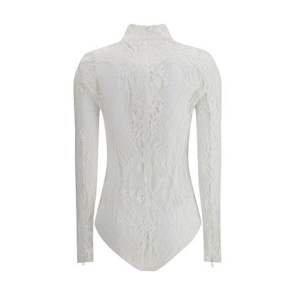 Back view of Balmain White Cotton Top, sheer lace bodysuit with high neck and zip, perfect for bold and feminine looks.