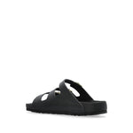 Black Birkenstock Sandals with buckle strap, slip-on style, round open toe, rubber sole, leather, narrow width.