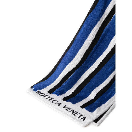 Bottega Veneta Blue Cotton Beach Towel with black and white stripes and printed logo, size 190x166 cm.