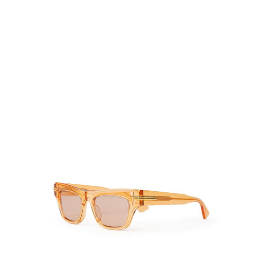 Bottega Veneta Orange Acetate Sunglass with transparent crystal effect frame and orange lenses with gold temple details.