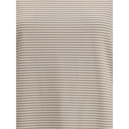 Brunello Cucinelli Beige Cotton T-Shirt with striped design and delicate buttoned drop opening, ideal for Autumn-Winter 2025 collection.