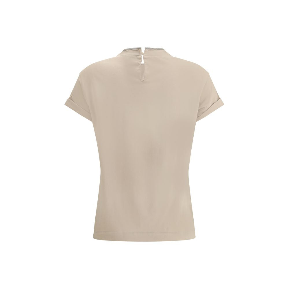 Back view of Brunello Cucinelli Beige Elastane T-Shirt with crewneck and keyhole button closure, featuring signature appliqué jewels.