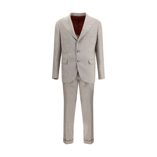 Brunello Cucinelli Beige Silk Two-Piece Suit with peaked lapels and welt pockets, three-button closure and straight pants in elegant design