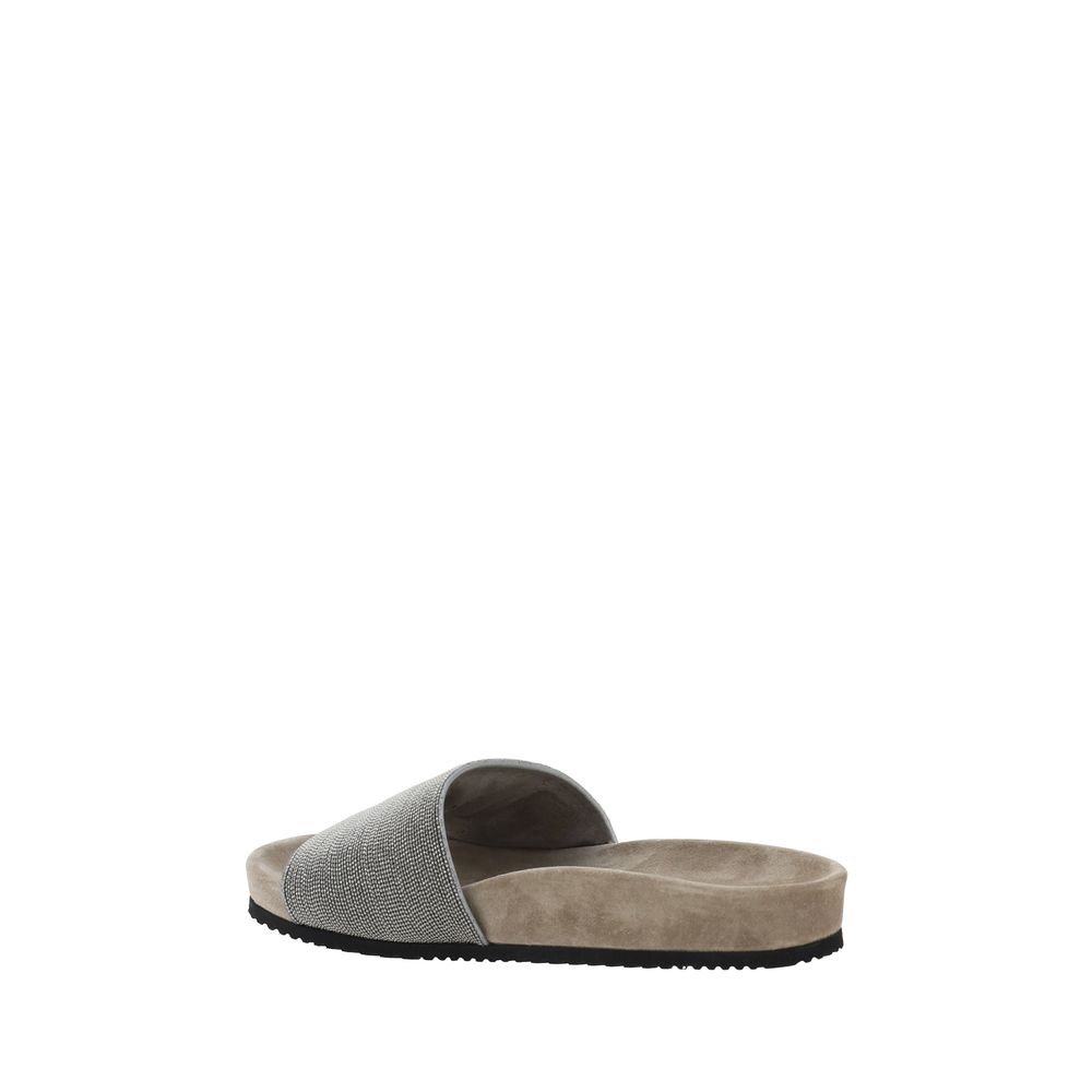 Brunello Cucinelli Brown Calf Leather Bos Taurus Sandals with jewel-adorned front band and suede sole, side view on white background
