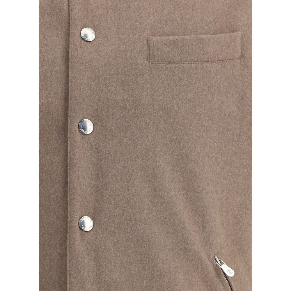 Close-up of Brunello Cucinelli Brown Wool Clothing showing buttons and pocket details on stylish vest for AW25 season.