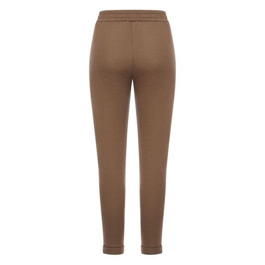 Brown Brunello Cucinelli Cotton And Silk Blend Trousers with elastic waistband and tapered leg, back view.