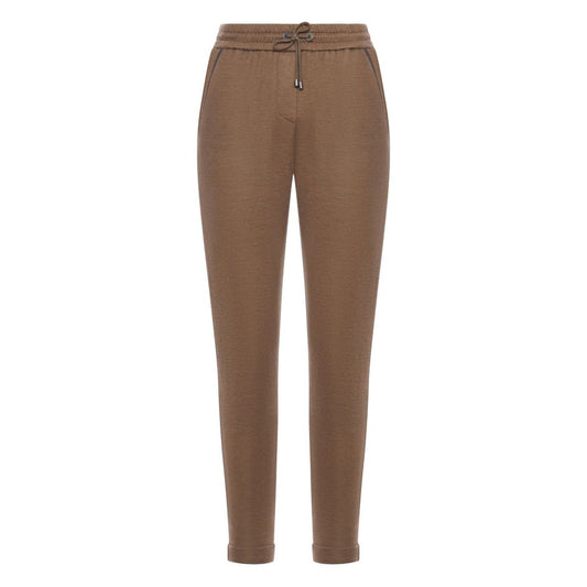Brunello Cucinelli Cotton And Silk Blend Trousers with brown elasticated waistband and tapered leg for stylish comfort.