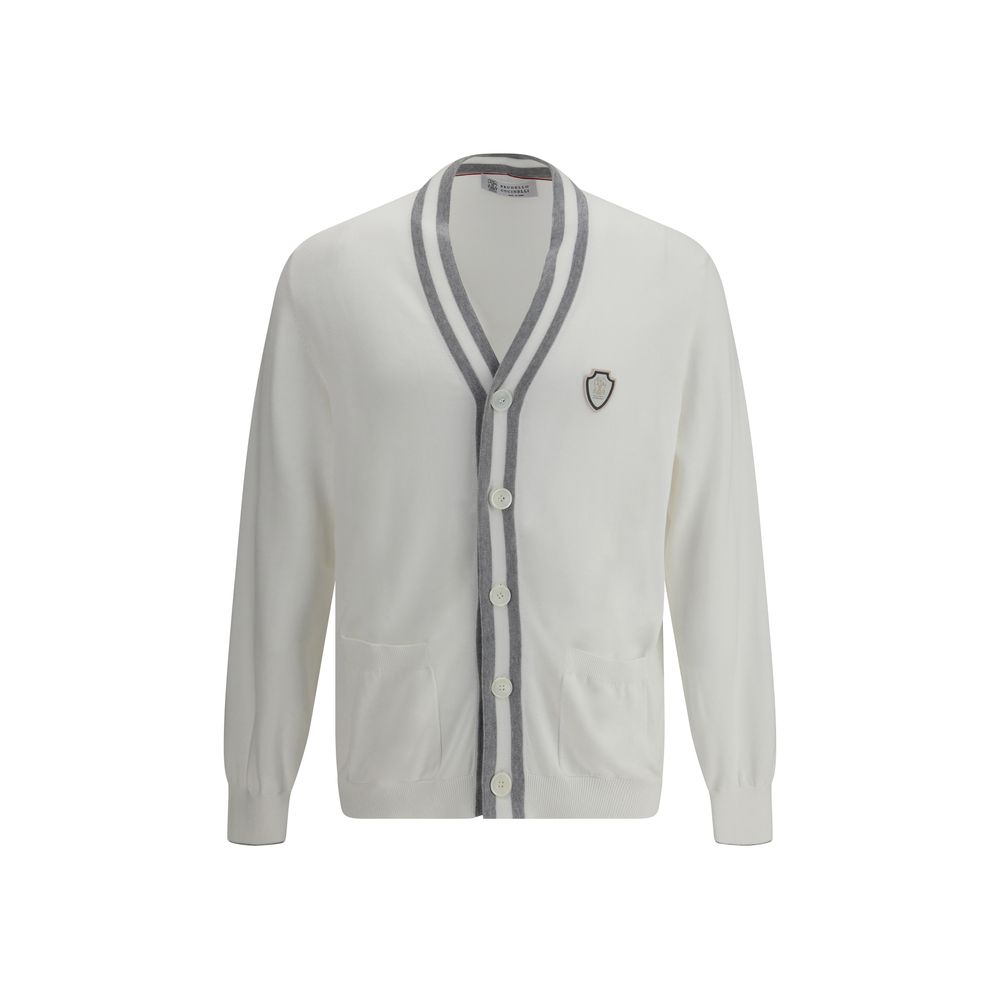 Brunello Cucinelli Cotton Cardigan with V-neck, front pockets, and unique monogram patch, perfect for elegance and practicality.