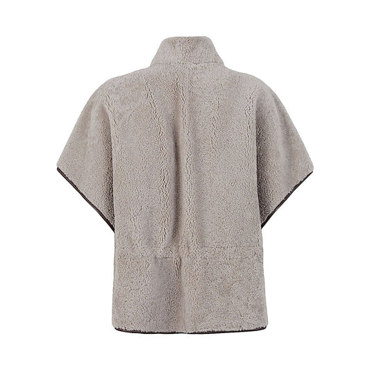 Back view of Brunello Cucinelli Curly Shearling Short Sleeve Outerwear with Shiny Zipper Pull, showing cape style and soft texture.