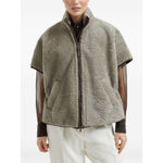 Brunello Cucinelli Curly Shearling Short Sleeve Outerwear with Shiny Zipper Pull, front view showing zip and pockets.