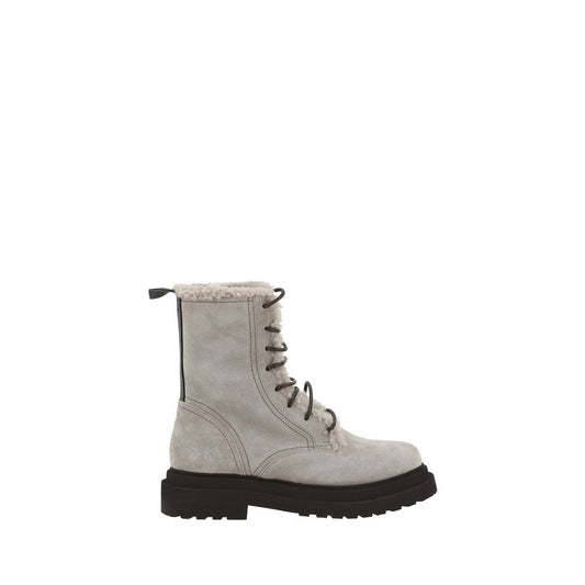 Brunello Cucinelli Gray Rubber Lace-Up Boots with fur lining and suede design for style and comfort.