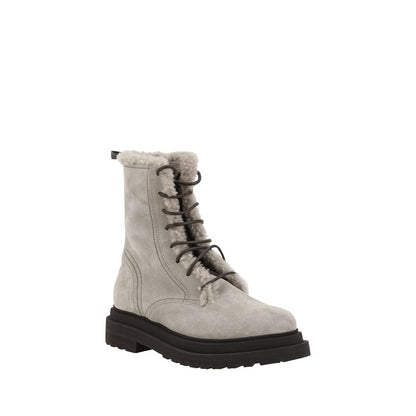 Brunello Cucinelli Gray Rubber Lace-Up Boots with fur lining and suede design, perfect for style and comfort.