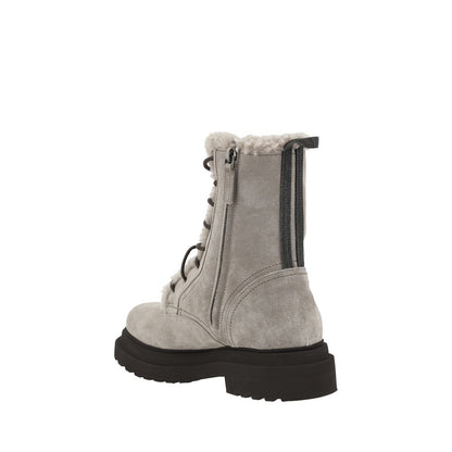 Brunello Cucinelli Gray Rubber Lace-Up Boots with fur lining, suede design, and rubber block heel for style and comfort.