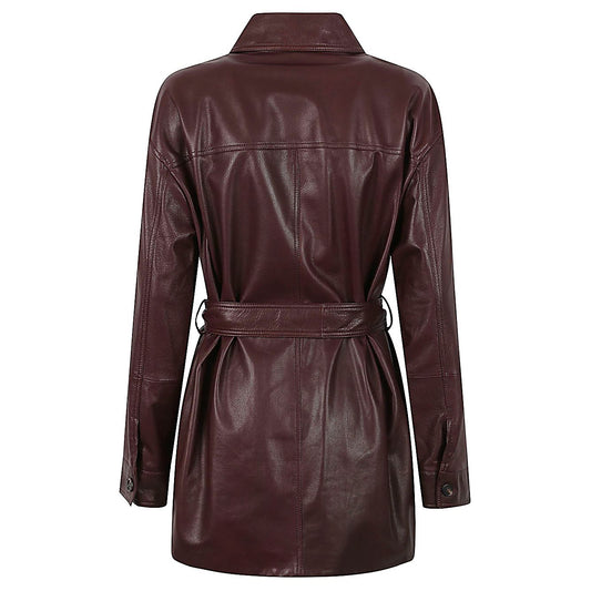 Brunello Cucinelli Jackets Bordeaux - back view of long sleeve leather jacket with pointed collar, button fastening, and waist belt.
