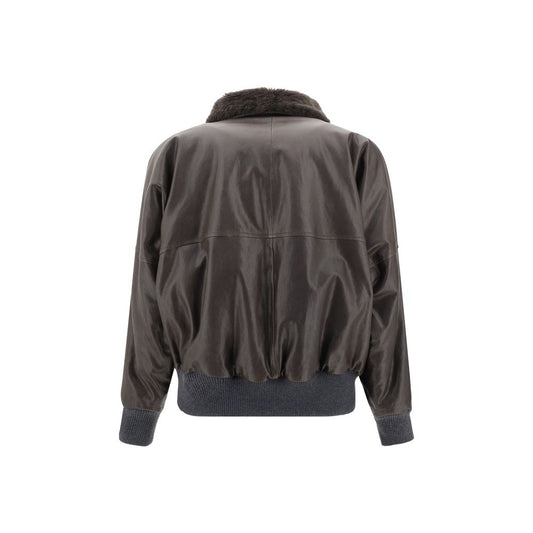 Back view of a Brunello Cucinelli Leather Jacket with classic collar and button details in a stylish design.