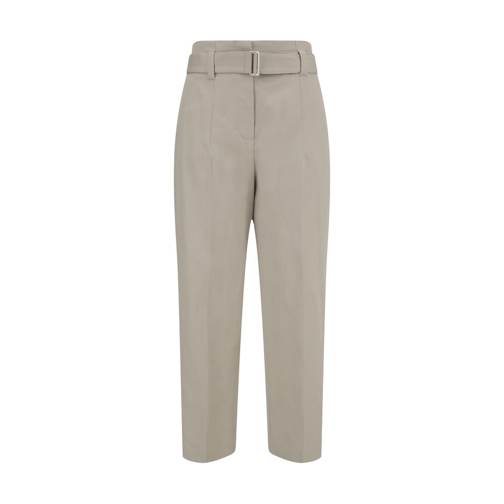 Brunello Cucinelli Linen Pants with buckle belt, front zipper, hook-and-eye closure, and welt pockets for a modern silhouette.