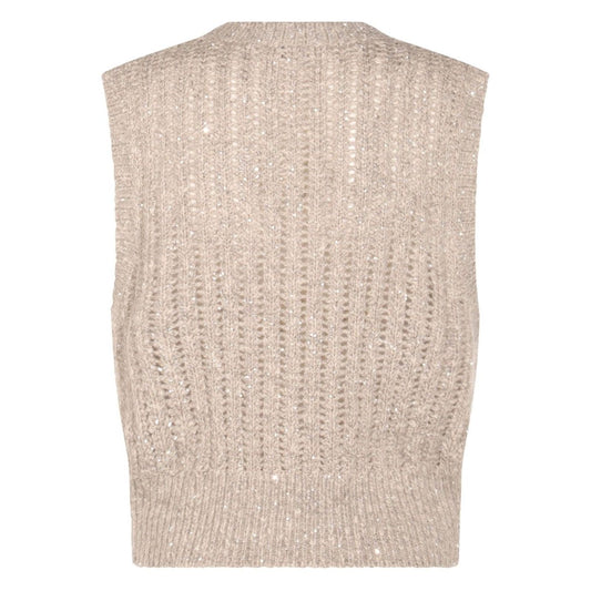 Back view of Brunello Cucinelli Natural Knitted Crewneck Vest in beige with sequin embellishments, wool sleeveless design.