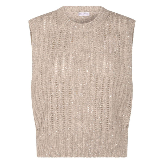 Brunello Cucinelli Natural Knitted Crewneck Vest in beige with sequin embellishments, sleeveless wool design, true to size fit.