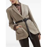 Model wearing Brunello Cucinelli Sparkling cotton and viscose English rib knit blazer with monili, sesame beige, patch pockets, long sleeves.