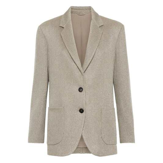 Brunello Cucinelli Sparkling cotton and viscose English rib knit blazer with monili in sesame beige with notched lapels and patch pockets