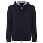 Brunello Cucinelli Sweaters Blue cotton blend hoodie with drawstring, zip, and pockets. Fashionable cobalt blue and grey design.