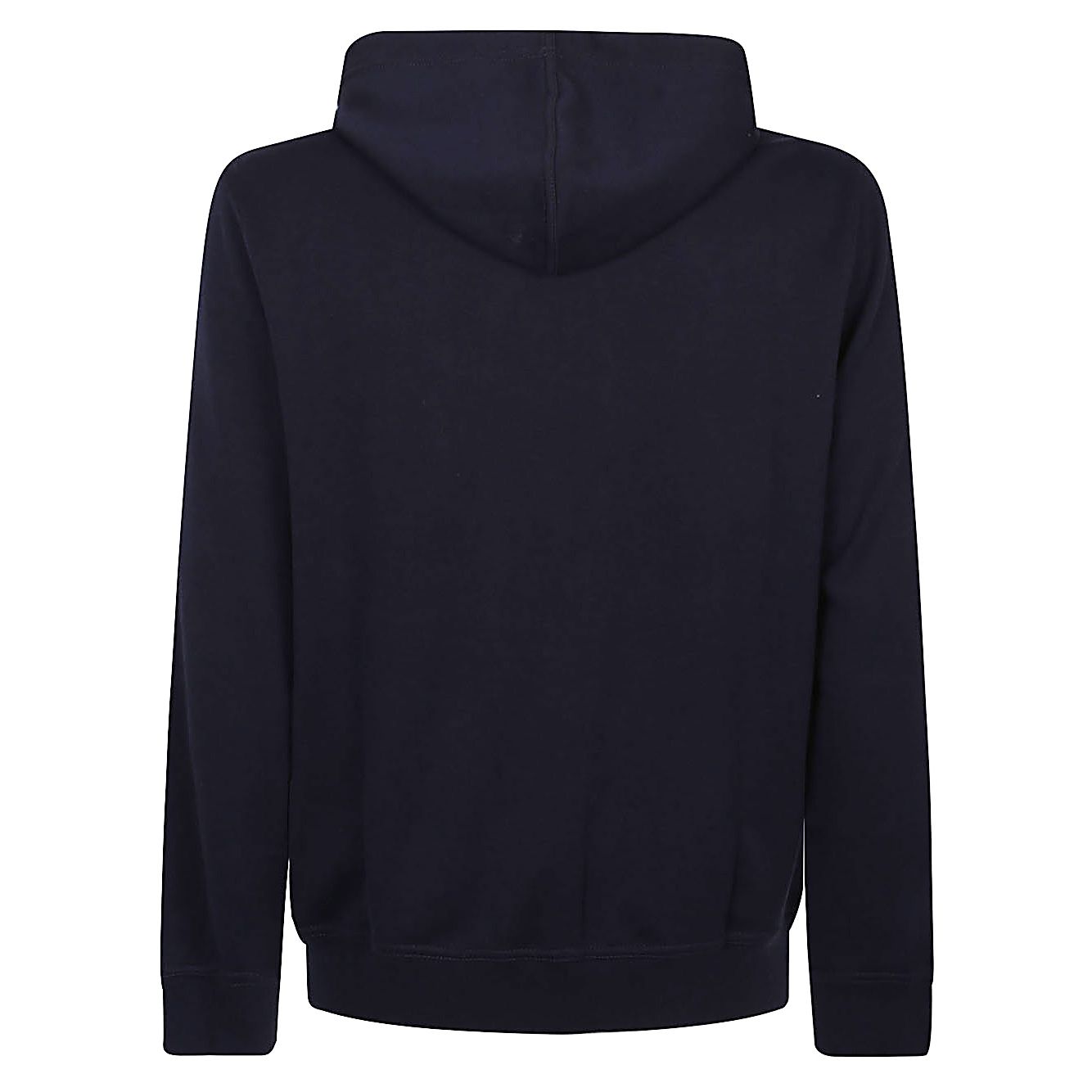 Back view of Brunello Cucinelli Sweaters Blue hoodie, featuring cobalt blue jersey texture, drawstring hood, and ribbed cuffs and hem.