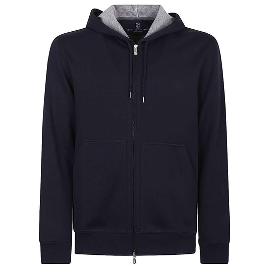 Brunello Cucinelli Sweaters Blue cotton blend hoodie with a jersey texture, drawstring hood, long sleeves, and two-way zip fastening.