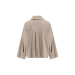 Back view of Brunello Cucinelli Wide Shirt with classic collar and wide sleeves in beige color, elegant and sophisticated fit for SS25.