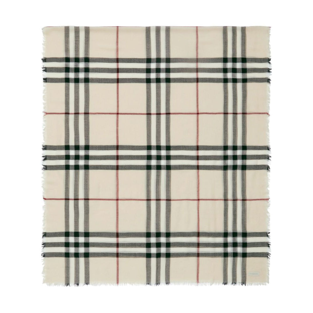 Burberry Check wool scarf with beige, red, and black pattern, raw-cut edge, and logo tag shown flat. Size: 200x90 cm.