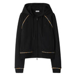 Burberry Cotton blend zip-up hoodie with check trim, featuring black design, two-way zip, side pockets, drawstring hood.