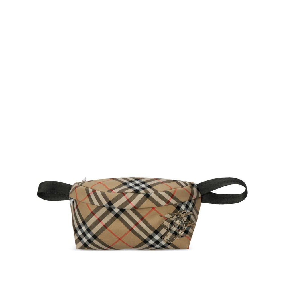 Burberry Vintage check belt bag in archival beige with a vintage check pattern, front zip, and adjustable strap, featuring equestrian motif.