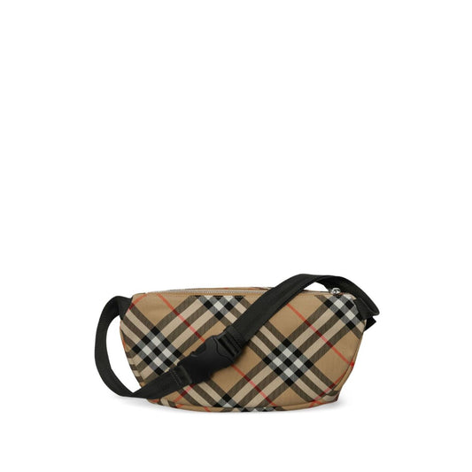 Burberry Vintage check belt bag in archival beige with checked pattern and adjustable strap, featuring front zip closure.
