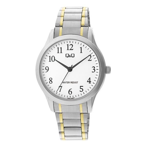 Q&Q Mod. GENT ONLY TIME wristwatch with stainless steel bracelet, 40mm metal case, quartz movement, and water resistance.