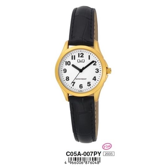 Q&Q Mod. LADY ONLY TIME wristwatch with gold metal case, black leather strap, and white dial. Water resistant 3 ATM. Quartz movement.