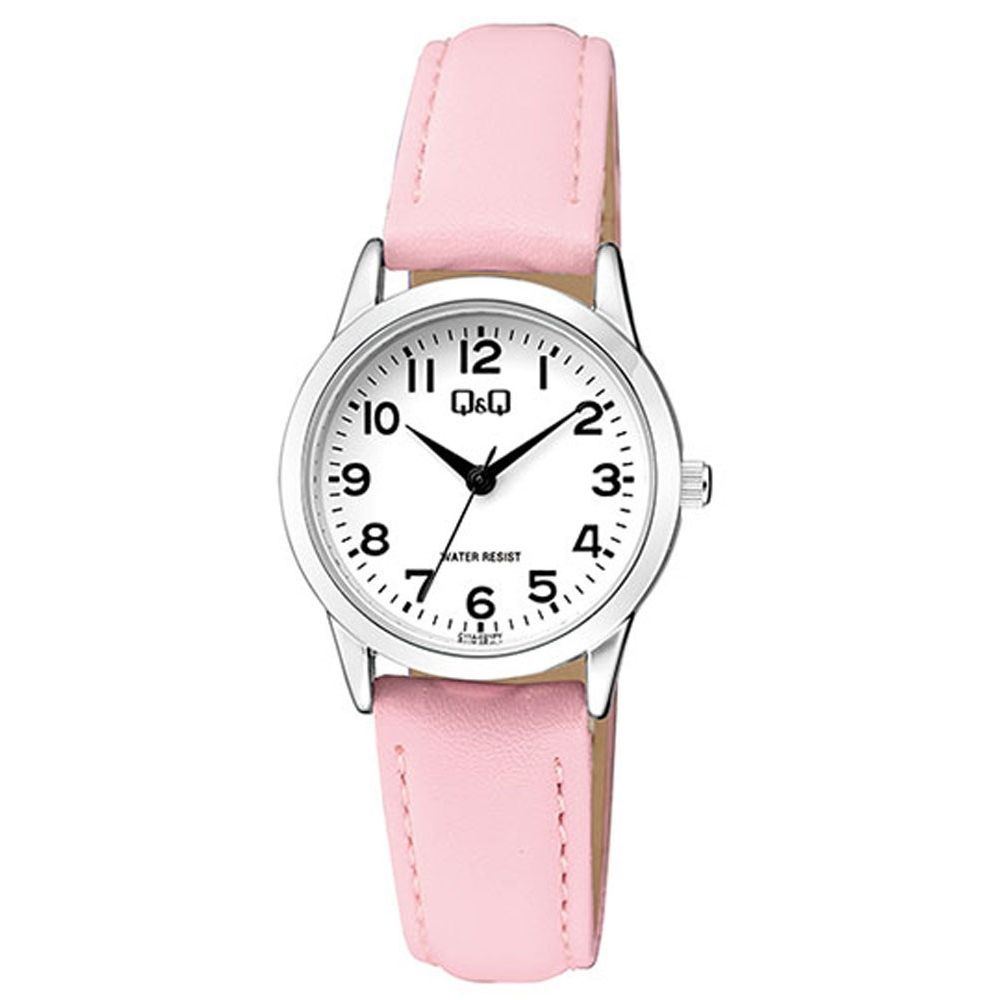 Q&Q Mod. LADY ONLY TIME wristwatch, 30mm metal case, pink leather strap, quartz movement, water resistant, official box packaging.