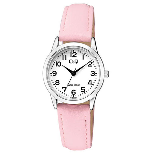 Q&Q Mod. LADY ONLY TIME wristwatch, 30mm metal case, pink leather strap, quartz movement, water resistant, official box packaging.