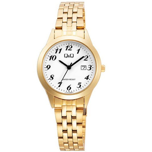 Q&Q Mod. LADY DATE wristwatch with metal case, SS bracelet, quartz movement, mineral dial, and official packaging, water resistant to 3 ATM.